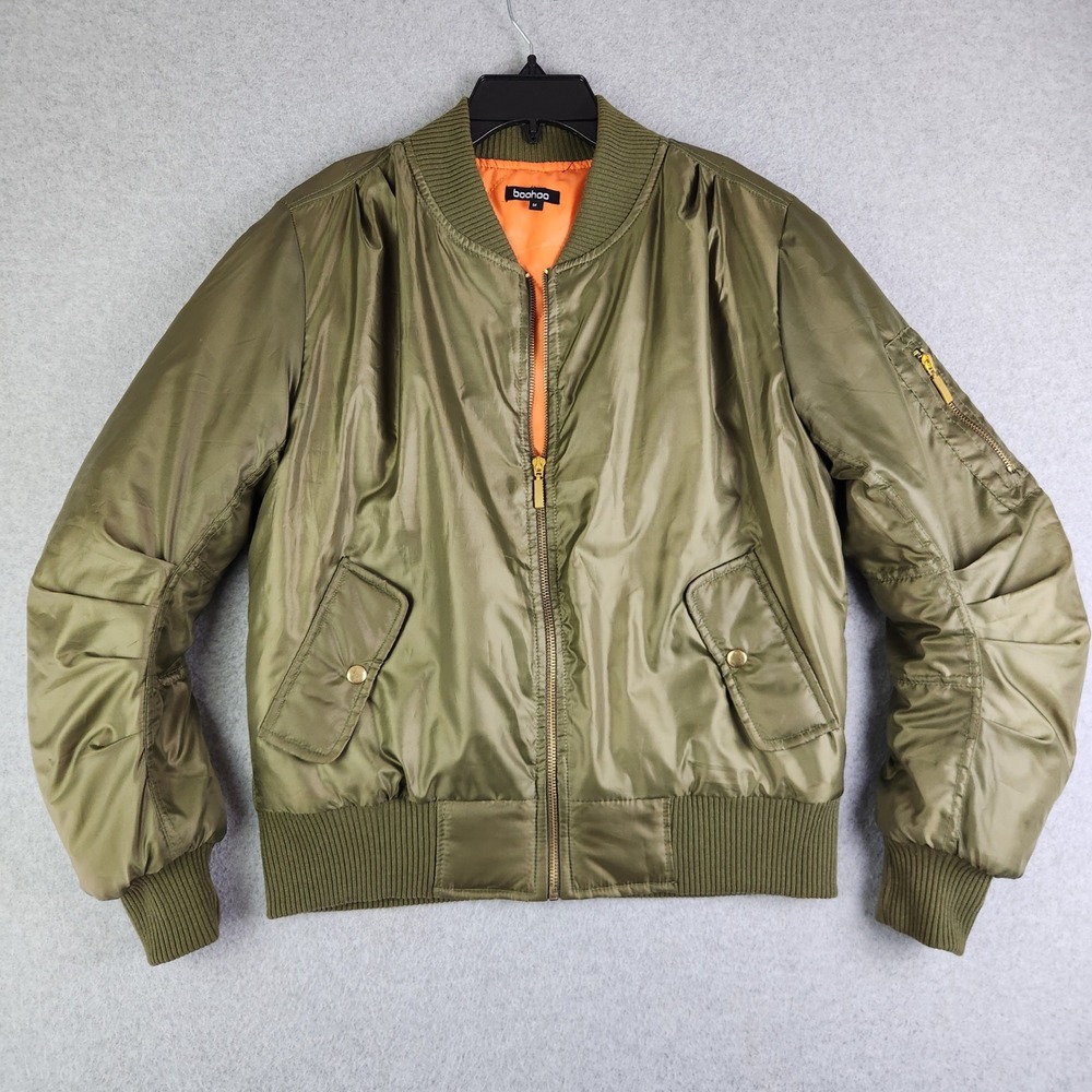 boohoo Bomber Jacket Women M Khaki Green Orange Lining Ruched Zip Up Utility